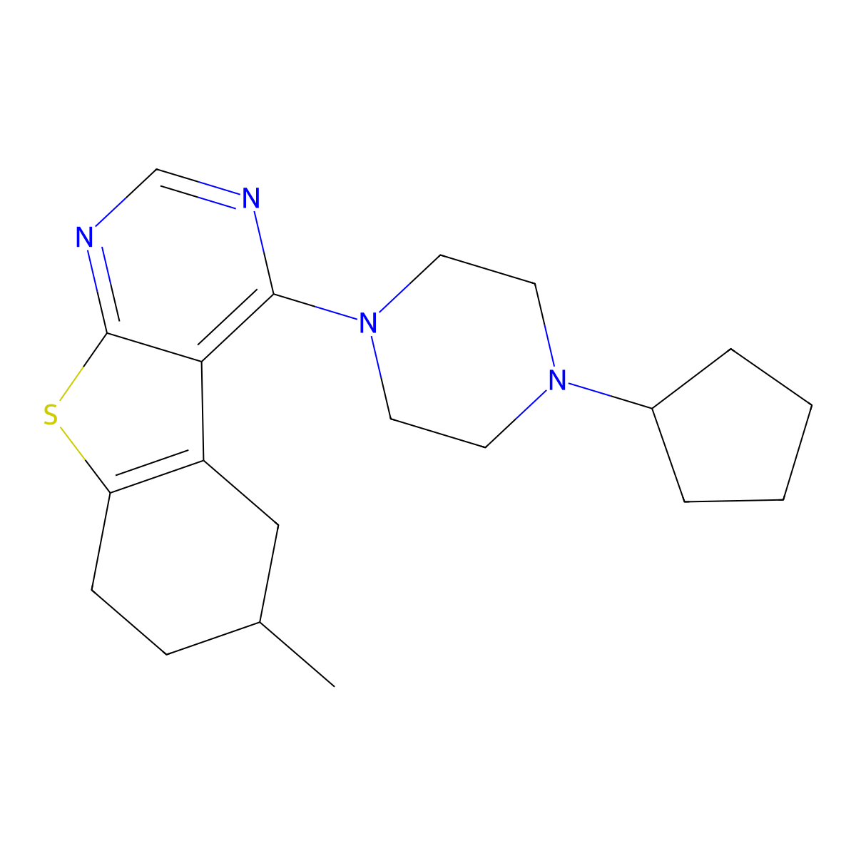 4-(4-Cyclopentylpiperazin-1-yl)-6-methyl-5,6,7,8-tetrahydro[1]benzothieno[2,3-d]pyrimidine molecular structure, CAS 384373-65-3