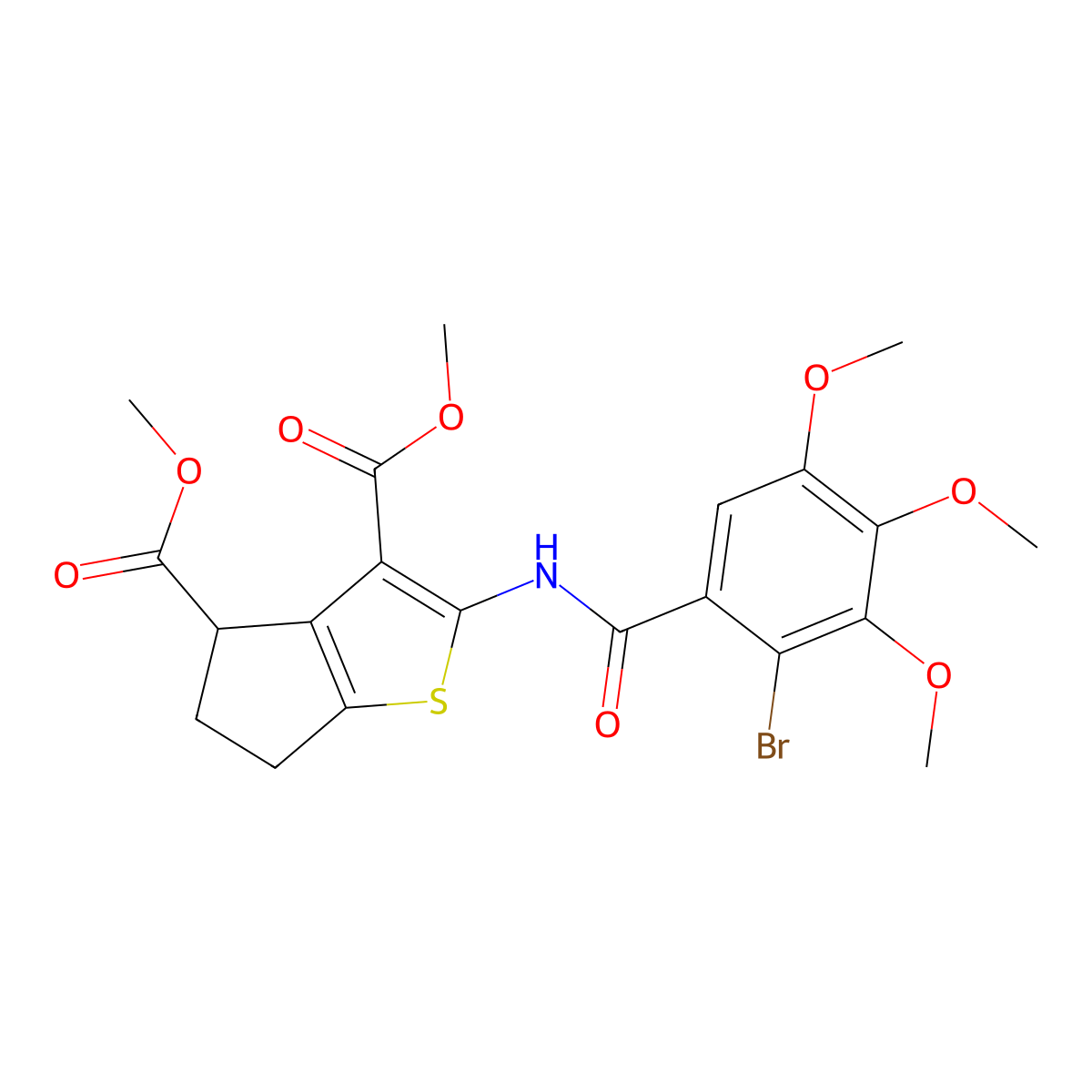dimethyl 2-{[(2-bromo-3,4,5-trimethoxyphenyl)carbonyl]amino}-5,6-dihydro-4H-cyclopenta[b]thiophene-3,4-dicarboxylate molecular structure, CAS 384373-79-9