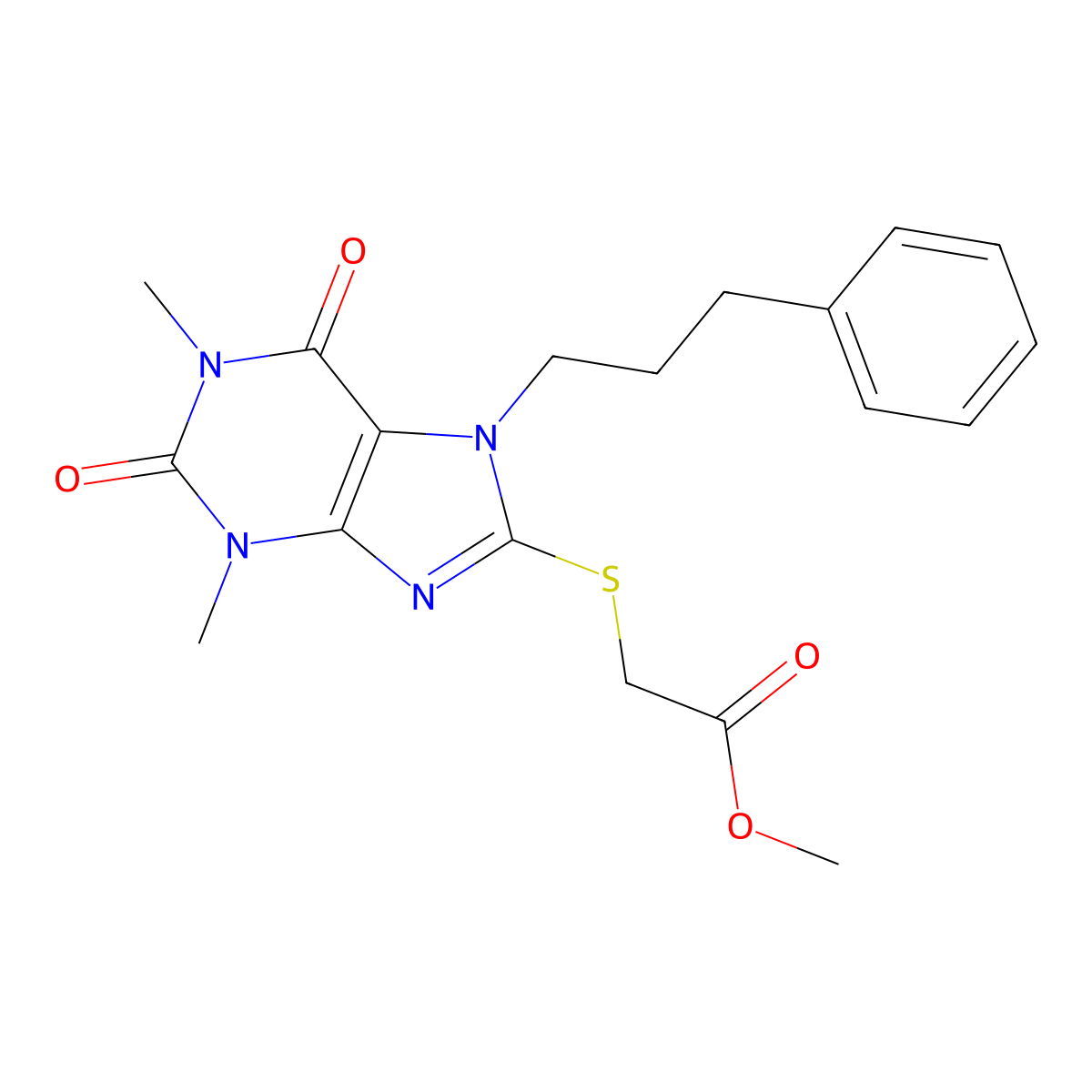 [1,3-Dimethyl-2,6-dioxo-7-(3-phenyl-propyl)-2,3,6,7-tetrahydro-1H-purin-8-ylsulfanyl]-acetic acid methyl ester molecular structure, CAS 384373-83-5