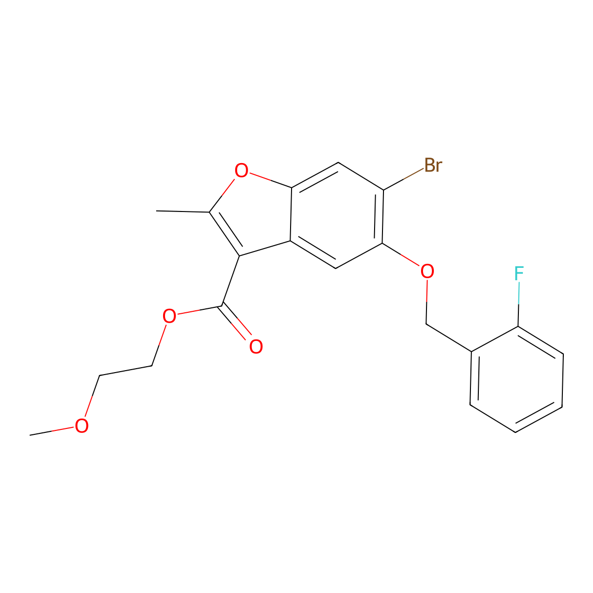 2-Methoxyethyl 6-bromo-5-[(2-fluorophenyl)methoxy]-2-methyl-1-benzofuran-3-carboxylate molecular structure, CAS 384373-99-3