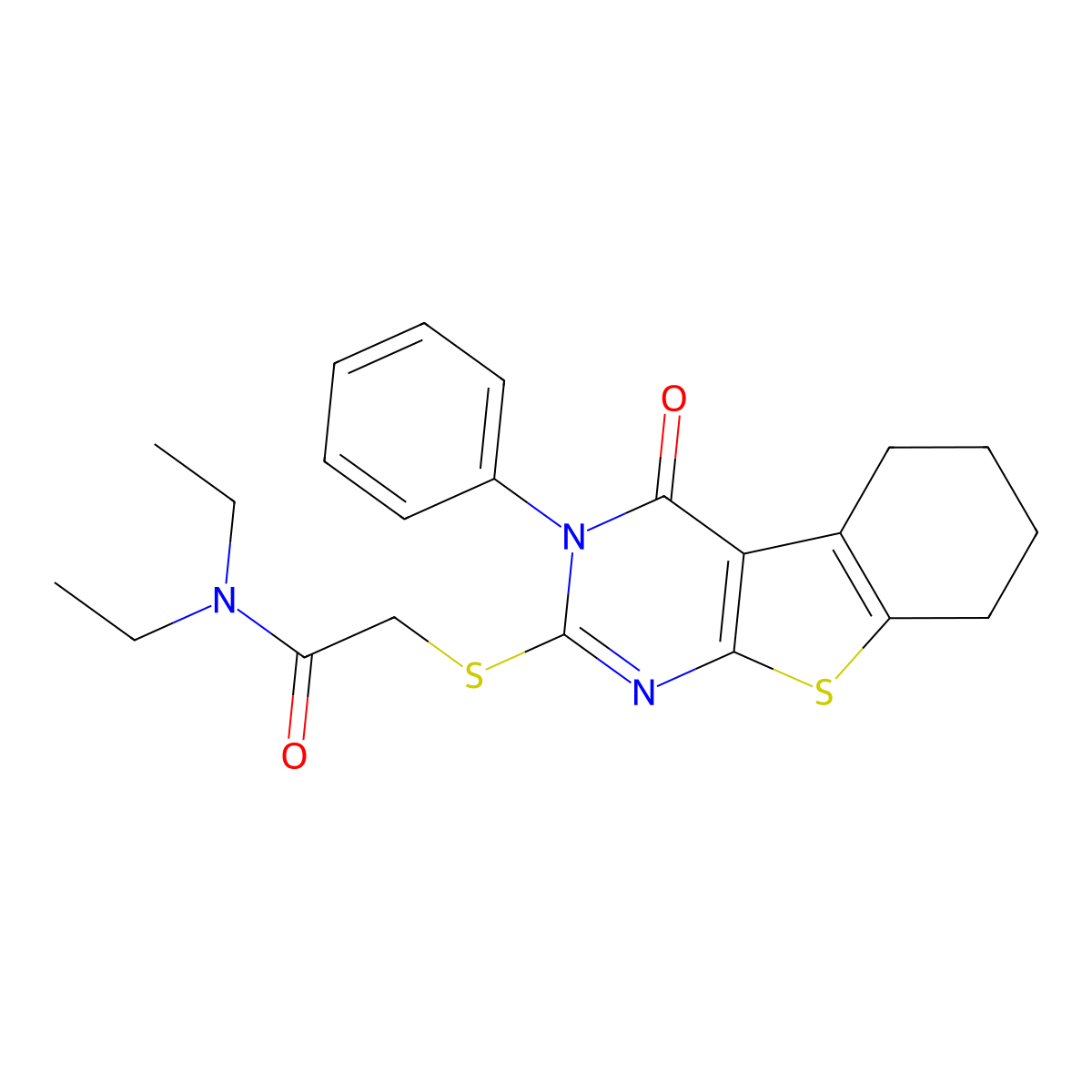 N,N-diethyl-2-[(4-oxo-3-phenyl-5,6,7,8-tetrahydro-[1]benzothiolo[2,3-d]pyrimidin-2-yl)sulfanyl]acetamide molecular structure, CAS 384374-22-5
