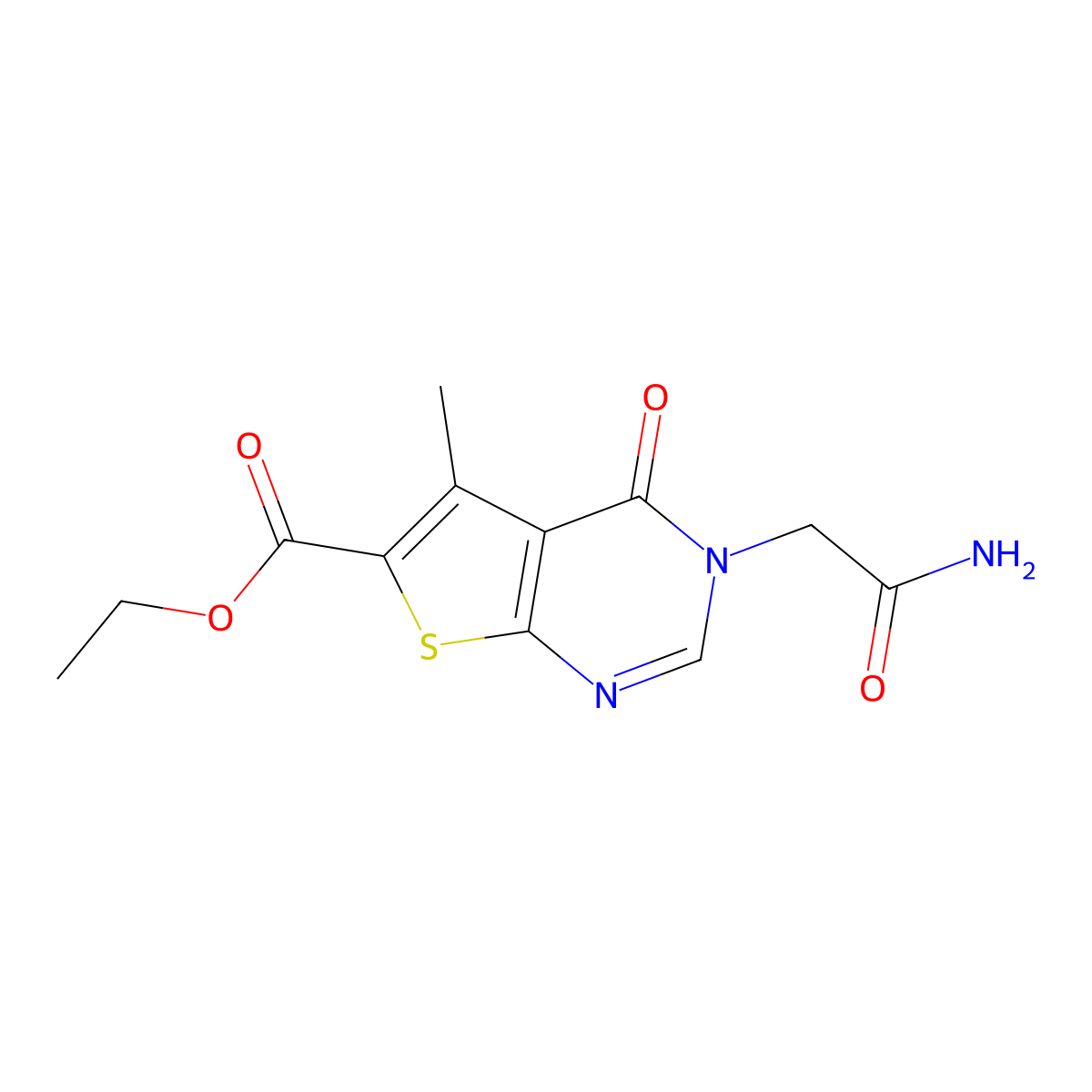 Ethyl 3-(2-amino-2-oxoethyl)-5-methyl-4-oxo-3,4-dihydrothieno[2,3-d]pyrimidine-6-carboxylate molecular structure, CAS 384374-23-6