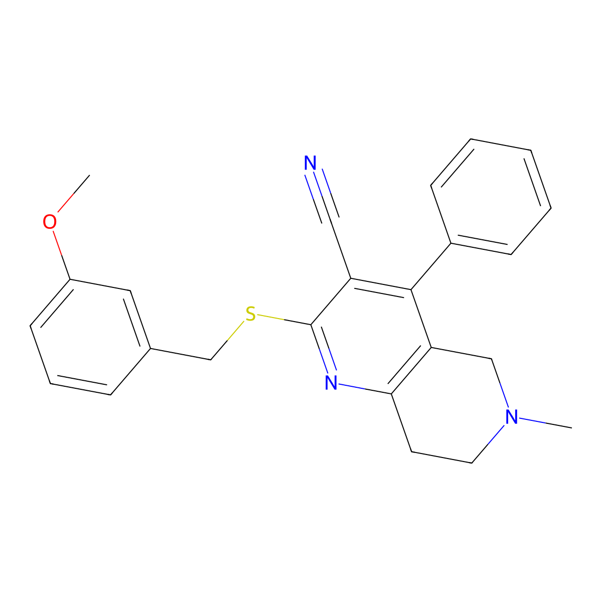 2-[(3-methoxyphenyl)methylsulfanyl]-6-methyl-4-phenyl-7,8-dihydro-5H-1,6-naphthyridine-3-carbonitrile molecular structure, CAS 384374-33-8