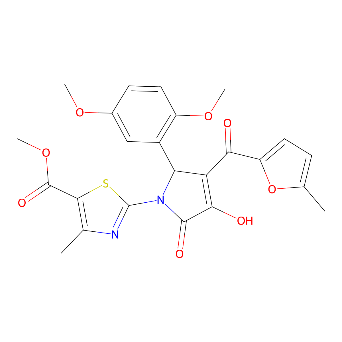 methyl 2-{(3E)-2-(2,5-dimethoxyphenyl)-3-[hydroxy(5-methylfuran-2-yl)methylidene]-4,5-dioxopyrrolidin-1-yl}-4-methyl-1,3-thiazole-5-carboxylate molecular structure, CAS 384374-70-3