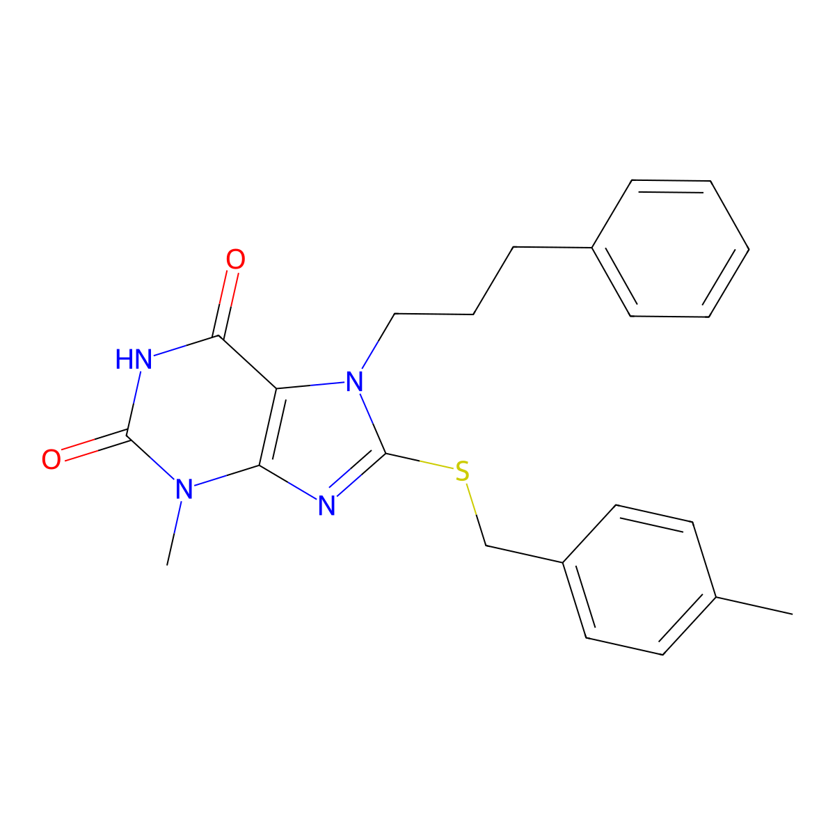 3-methyl-8-((4-methylbenzyl)thio)-7-(3-phenylpropyl)-1H-purine-2,6(3H,7H)-dione molecular structure, CAS 384374-83-8