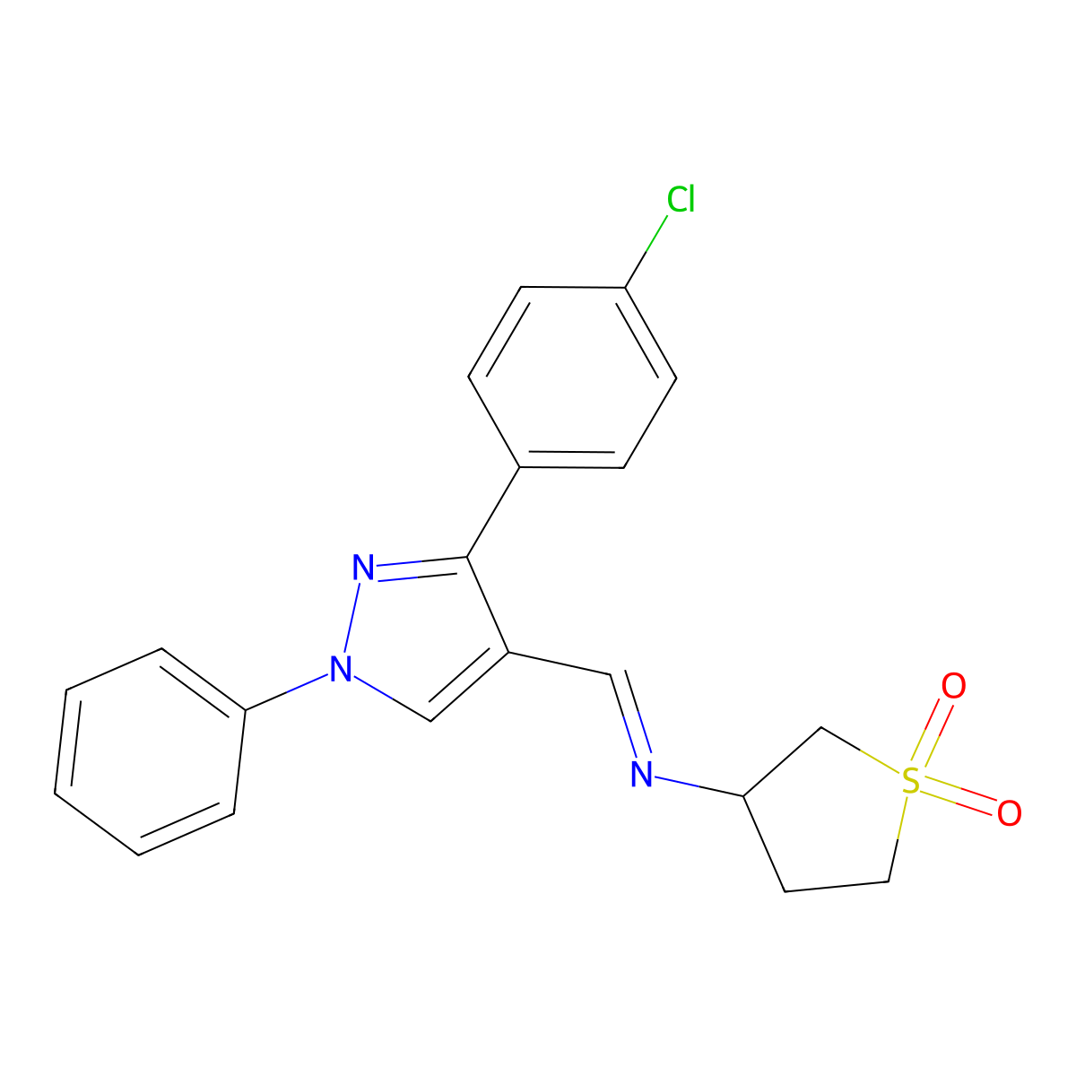 N-{(E)-[3-(4-chlorophenyl)-1-phenyl-1H-pyrazol-4-yl]methylidene}tetrahydrothiophen-3-amine 1,1-dioxide molecular structure, CAS 384374-95-2