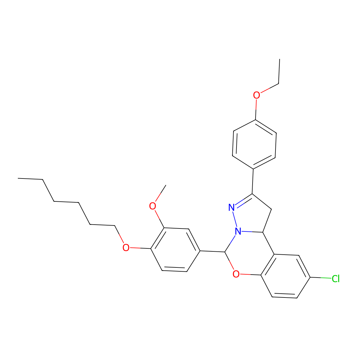 9-Chloro-2-(4-ethoxyphenyl)-5-[4-(hexyloxy)-3-methoxyphenyl]-1,10b-dihydropyrazolo[1,5-c][1,3]benzoxazine molecular structure, CAS 384375-21-7
