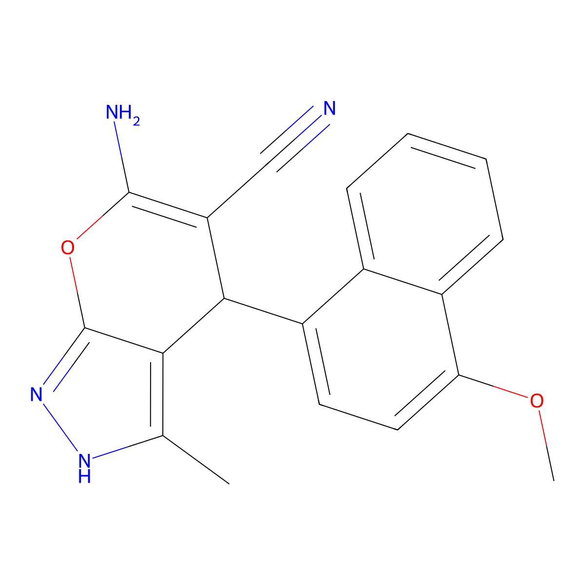 6-Amino-4-(4-methoxynaphthalen-1-yl)-3-methyl-2,4-dihydropyrano[2,3-c]pyrazole-5-carbonitrile molecular structure, CAS 384375-48-8