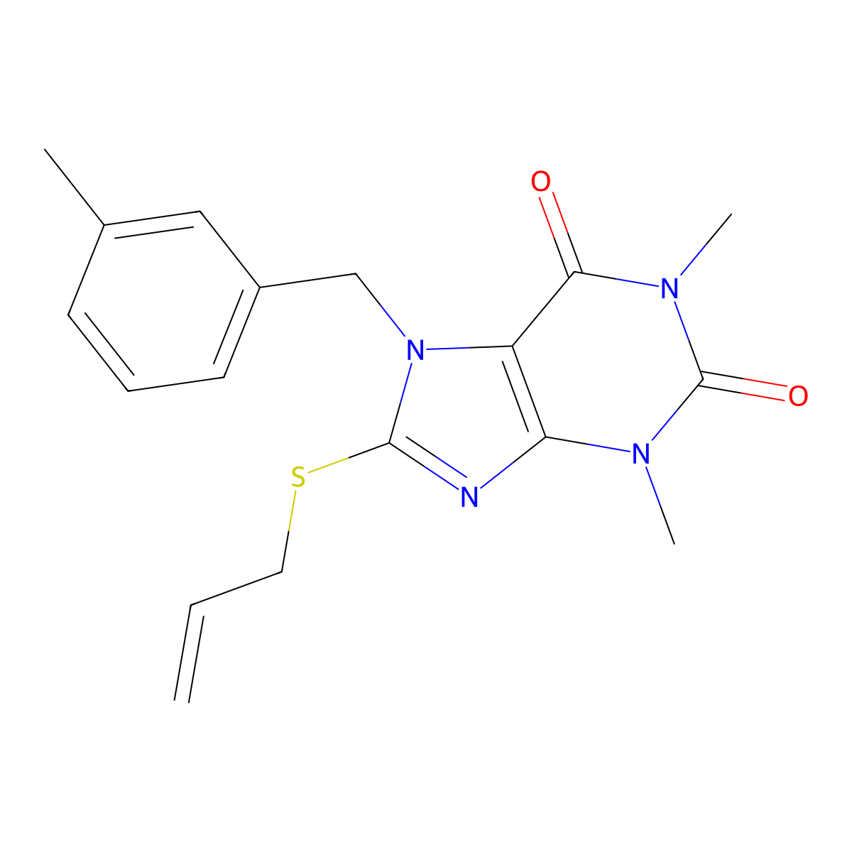 8-(allylthio)-1,3-dimethyl-7-(3-methylbenzyl)-1H-purine-2,6(3H,7H)-dione molecular structure, CAS 384375-60-4