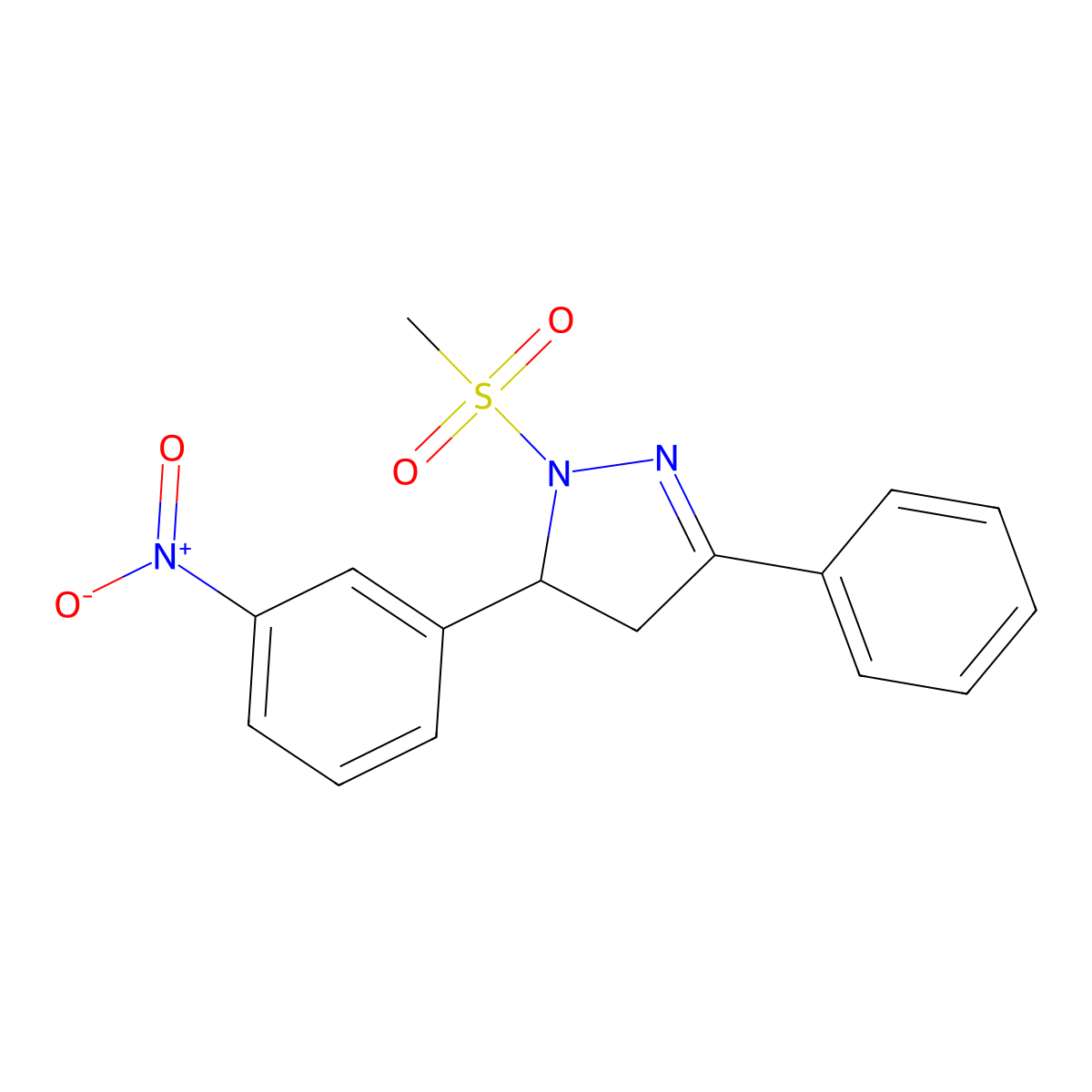 1-(methylsulfonyl)-5-(3-nitrophenyl)-3-phenyl-4,5-dihydro-1H-pyrazole molecular structure, CAS 384375-67-1