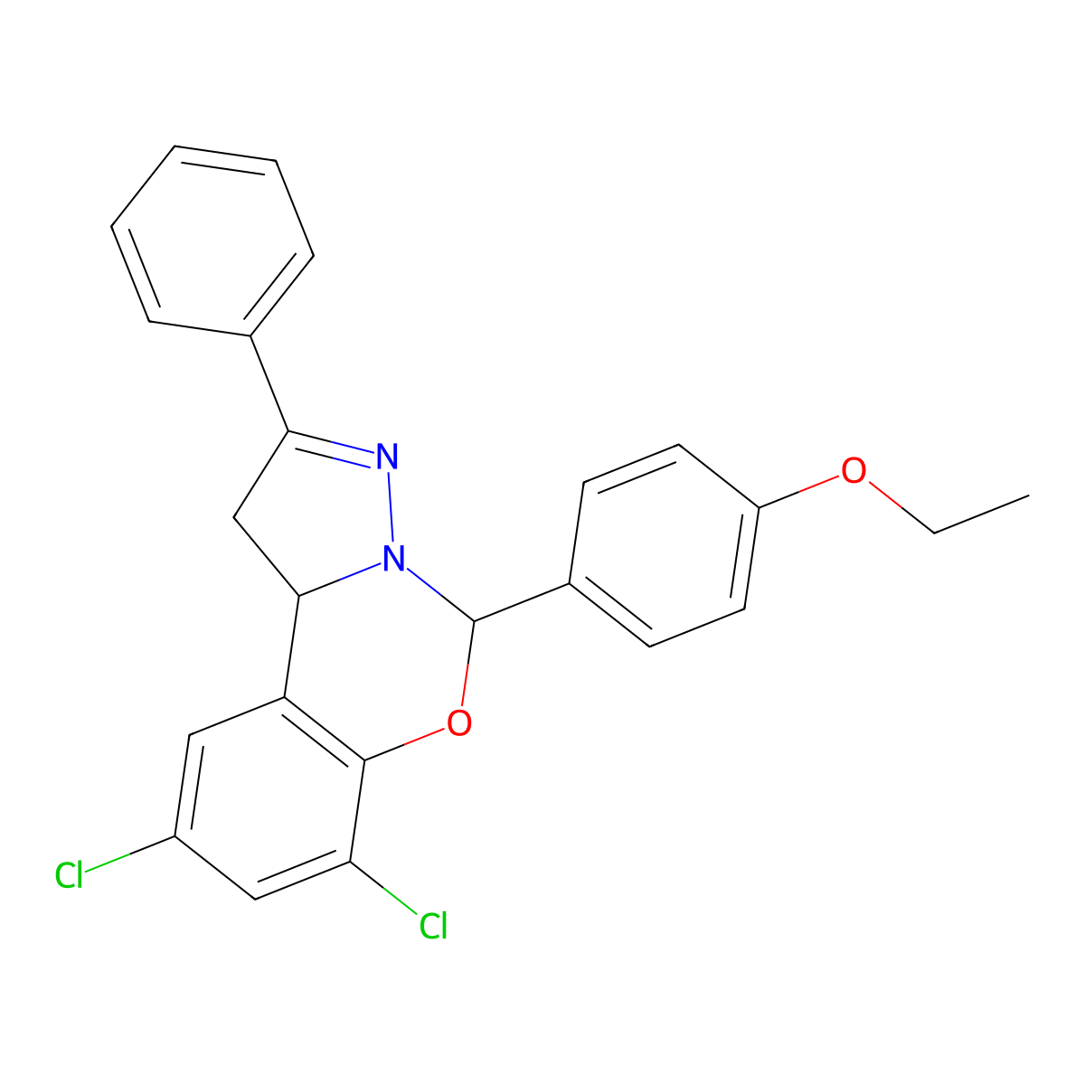 7,9-Dichloro-5-(4-ethoxyphenyl)-2-phenyl-1,10b-dihydropyrazolo[1,5-c][1,3]benzoxazine molecular structure, CAS 384376-01-6