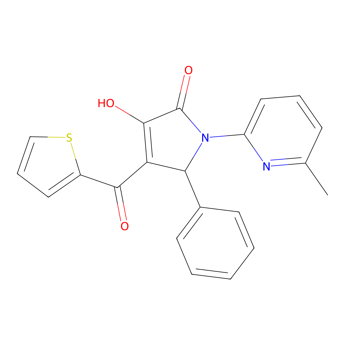 (E)-[1-(6-methylpyridinium-2-yl)-4,5-dioxo-2-phenylpyrrolidin-3-ylidene](thiophen-2-yl)methanolate molecular structure, CAS 384376-57-2
