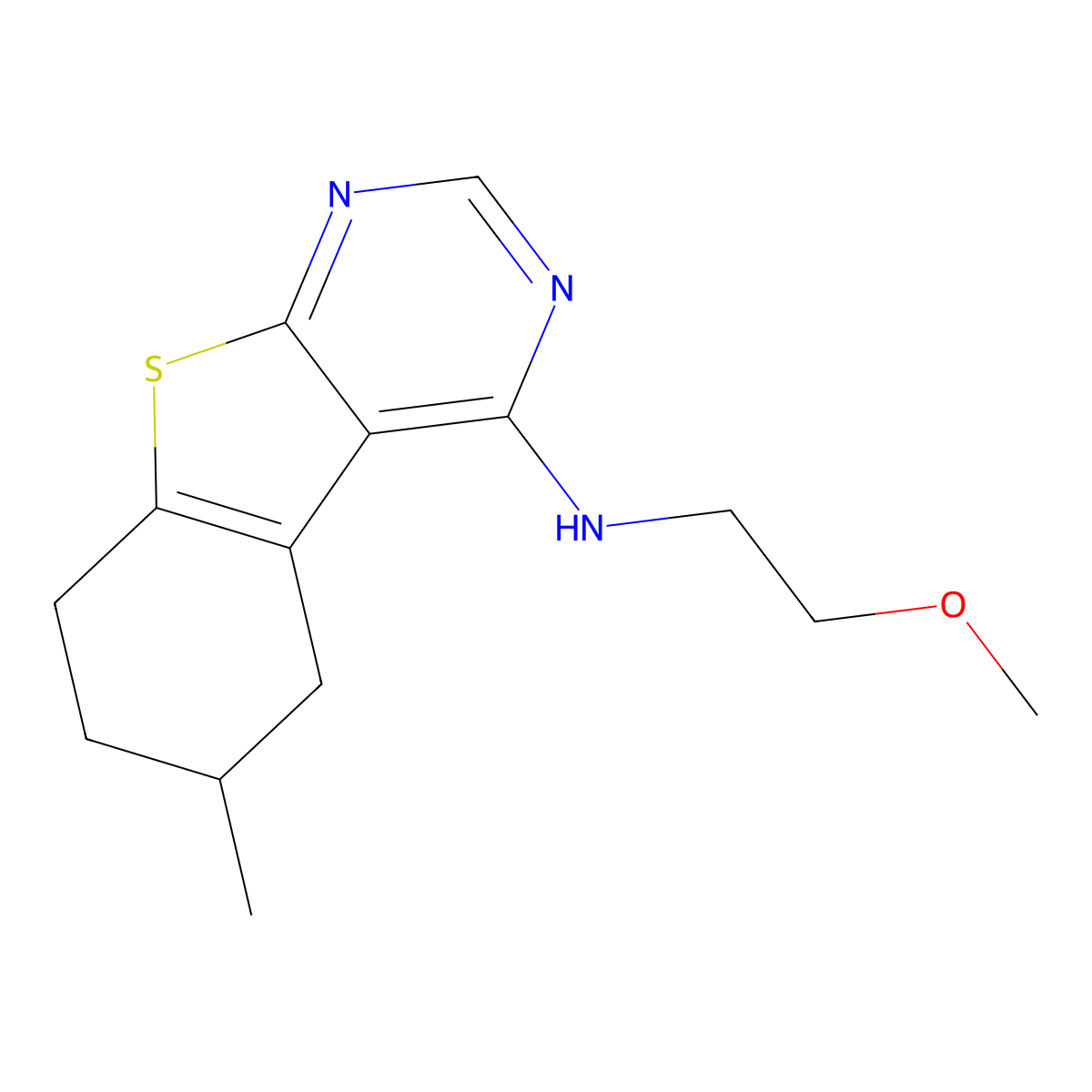 N-(2-methoxyethyl)-6-methyl-5,6,7,8-tetrahydro-[1]benzothiolo[2,3-d]pyrimidin-4-amine molecular structure, CAS 384376-70-9