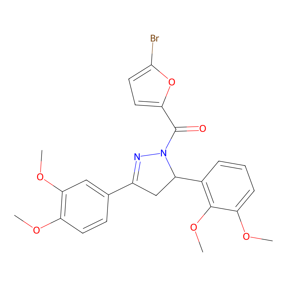(5-bromofuran-2-yl)(5-(2,3-dimethoxyphenyl)-3-(3,4-dimethoxyphenyl)-4,5-dihydro-1H-pyrazol-1-yl)methanone molecular structure, CAS 384376-92-5