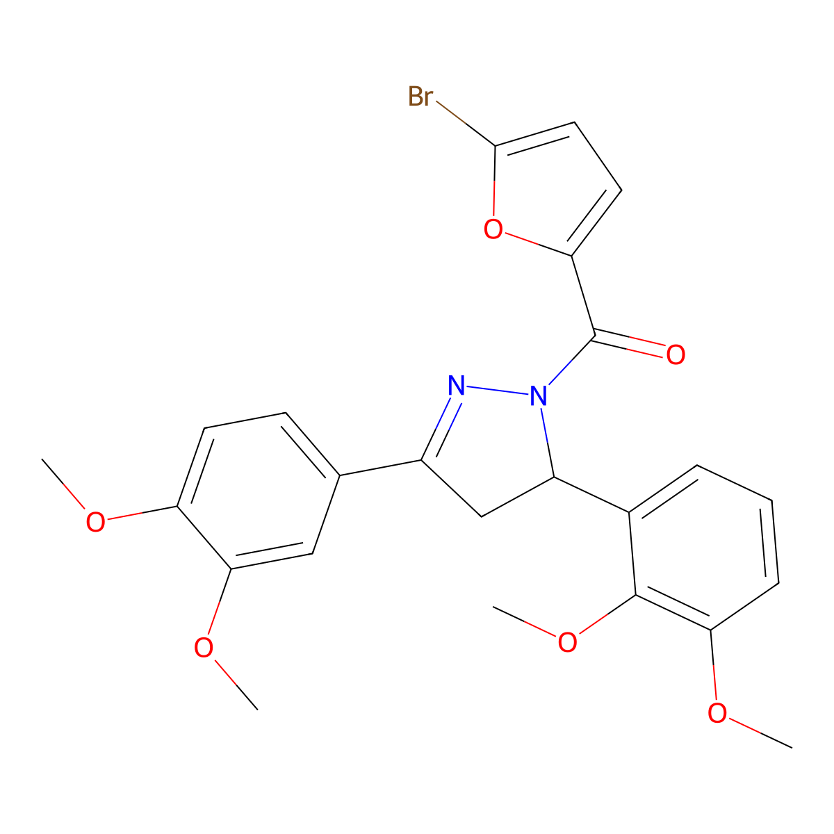 (5-bromofuran-2-yl)(5-(2,3-dimethoxyphenyl)-3-(3,4-dimethoxyphenyl)-4,5-dihydro-1H-pyrazol-1-yl)methanone molecular structure, CAS 384376-92-5