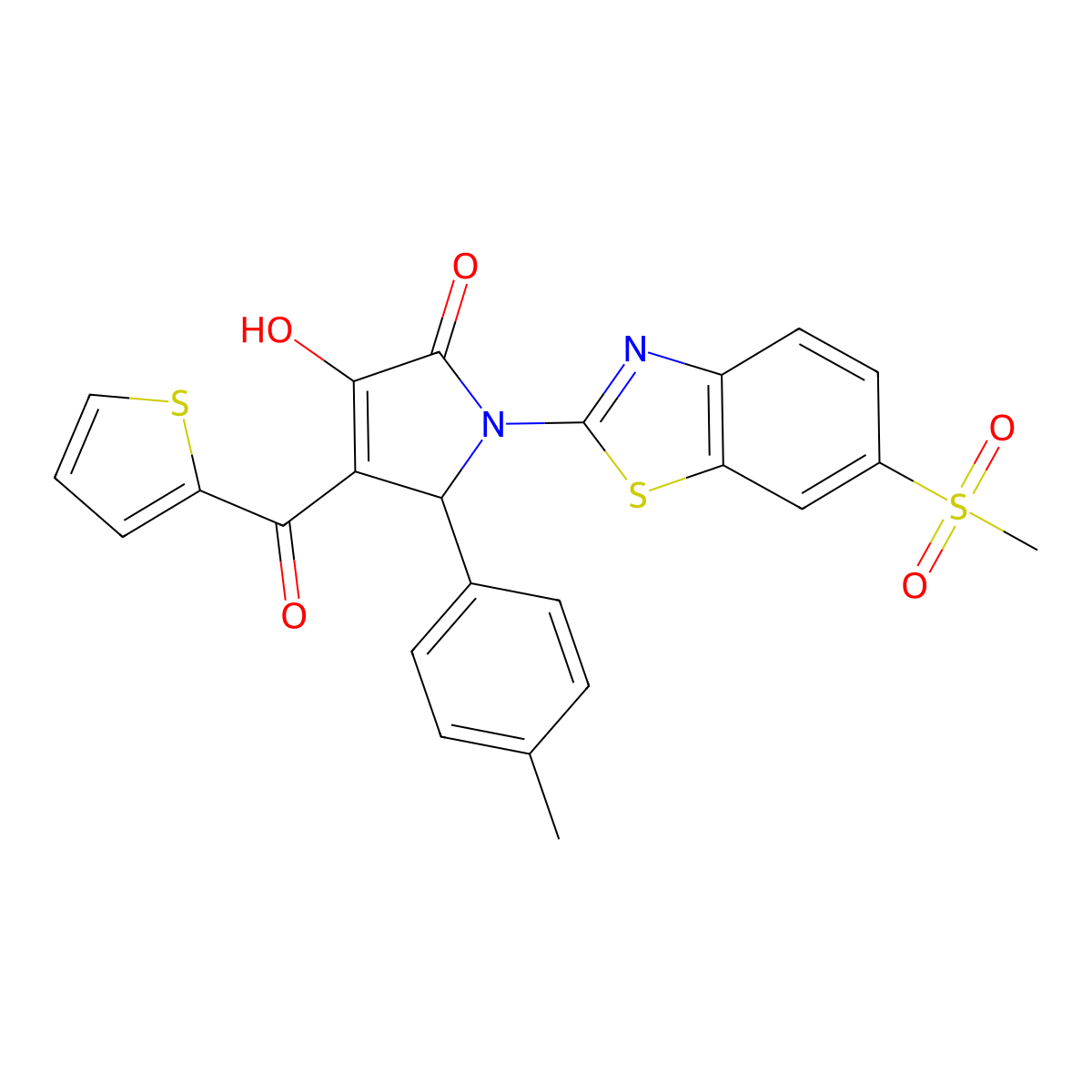 (E)-{2-(4-methylphenyl)-1-[6-(methylsulfonyl)-1,3-benzothiazol-3-ium-2-yl]-4,5-dioxopyrrolidin-3-ylidene}(thiophen-2-yl)methanolate molecular structure, CAS 384377-69-9