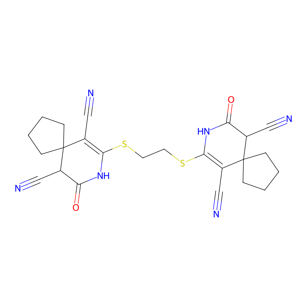 9-[2-[(6,10-Dicyano-7-oxo-8-azaspiro[4.5]dec-9-en-9-yl)sulfanyl]ethylsulfanyl]-7-oxo-8-azaspiro[4.5]dec-9-ene-6,10-dicarbonitrile molecular structure, CAS 384378-90-9