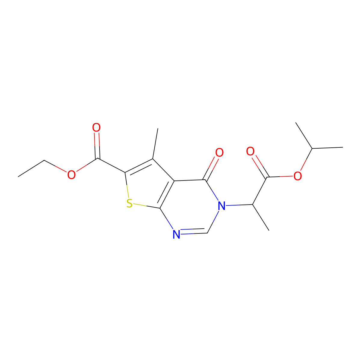 Ethyl 3-(1-isopropoxy-1-oxopropan-2-yl)-5-methyl-4-oxo-3,4-dihydrothieno[2,3-d]pyrimidine-6-carboxylate molecular structure, CAS 384793-35-5