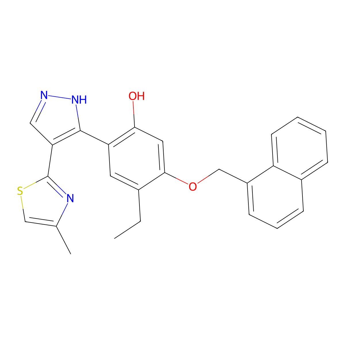 4-ethyl-2-[4-(4-methyl-1,3-thiazol-2-yl)-1H-pyrazol-3-yl]-5-(1-naphthylmethoxy)phenol molecular structure, CAS 384794-87-0