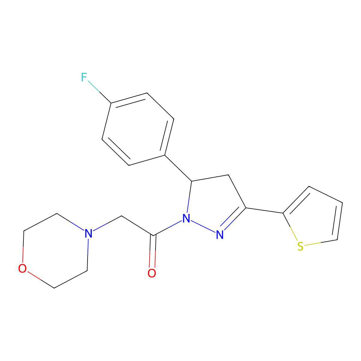 1-(5-(4-fluorophenyl)-3-(thiophen-2-yl)-4,5-dihydro-1H-pyrazol-1-yl)-2-morpholinoethanone molecular structure, CAS 384795-02-2