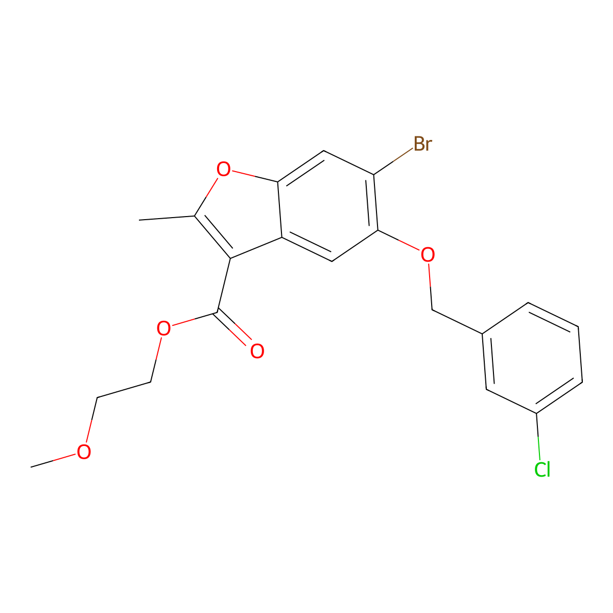 2-Methoxyethyl 6-bromo-5-((3-chlorobenzyl)oxy)-2-methylbenzofuran-3-carboxylate molecular structure, CAS 384795-36-2