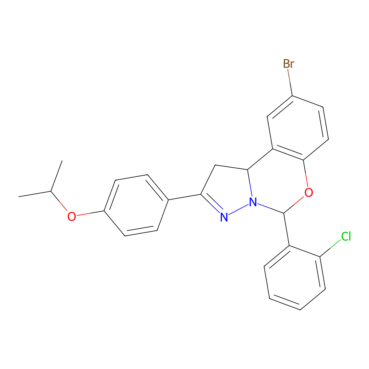 9-Bromo-5-(2-chlorophenyl)-2-[4-(propan-2-yloxy)phenyl]-1,10b-dihydropyrazolo[1,5-c][1,3]benzoxazine molecular structure, CAS 384795-64-6