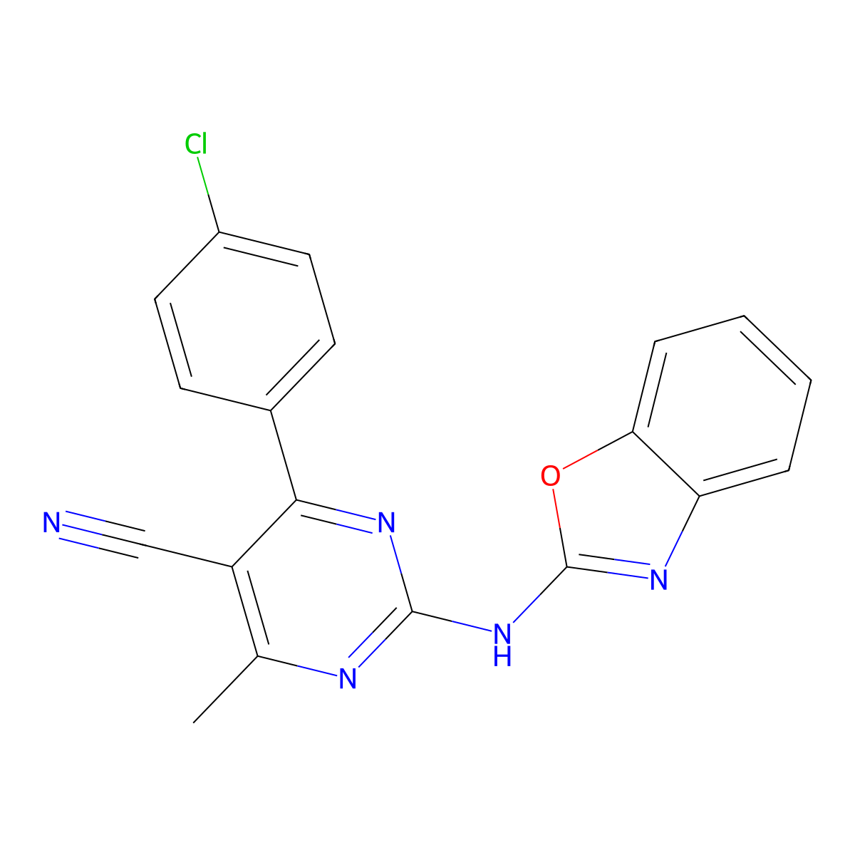 2-(1,3-Benzoxazol-2-ylamino)-4-(4-chlorophenyl)-6-methylpyrimidine-5-carbonitrile molecular structure, CAS 384796-14-9