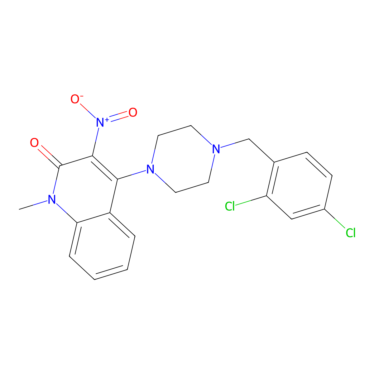 4-[4-[(2,4-Dichlorophenyl)methyl]piperazin-1-yl]-1-methyl-3-nitroquinolin-2-one molecular structure, CAS 384796-27-4