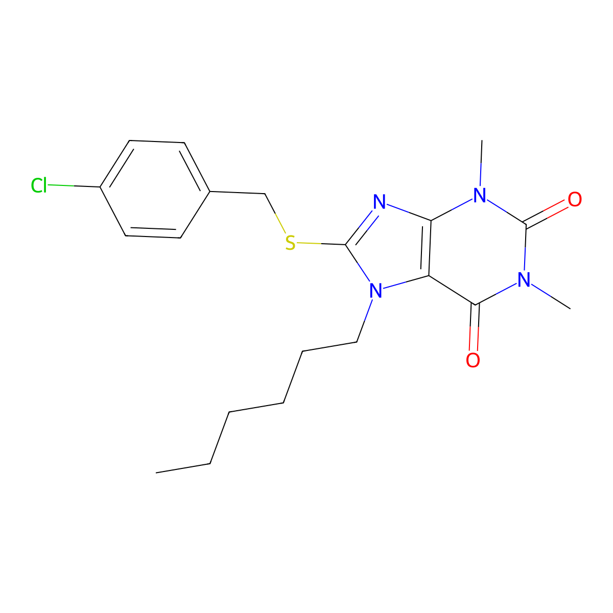 8-((4-chlorobenzyl)thio)-7-hexyl-1,3-dimethyl-1H-purine-2,6(3H,7H)-dione molecular structure, CAS 384796-34-3