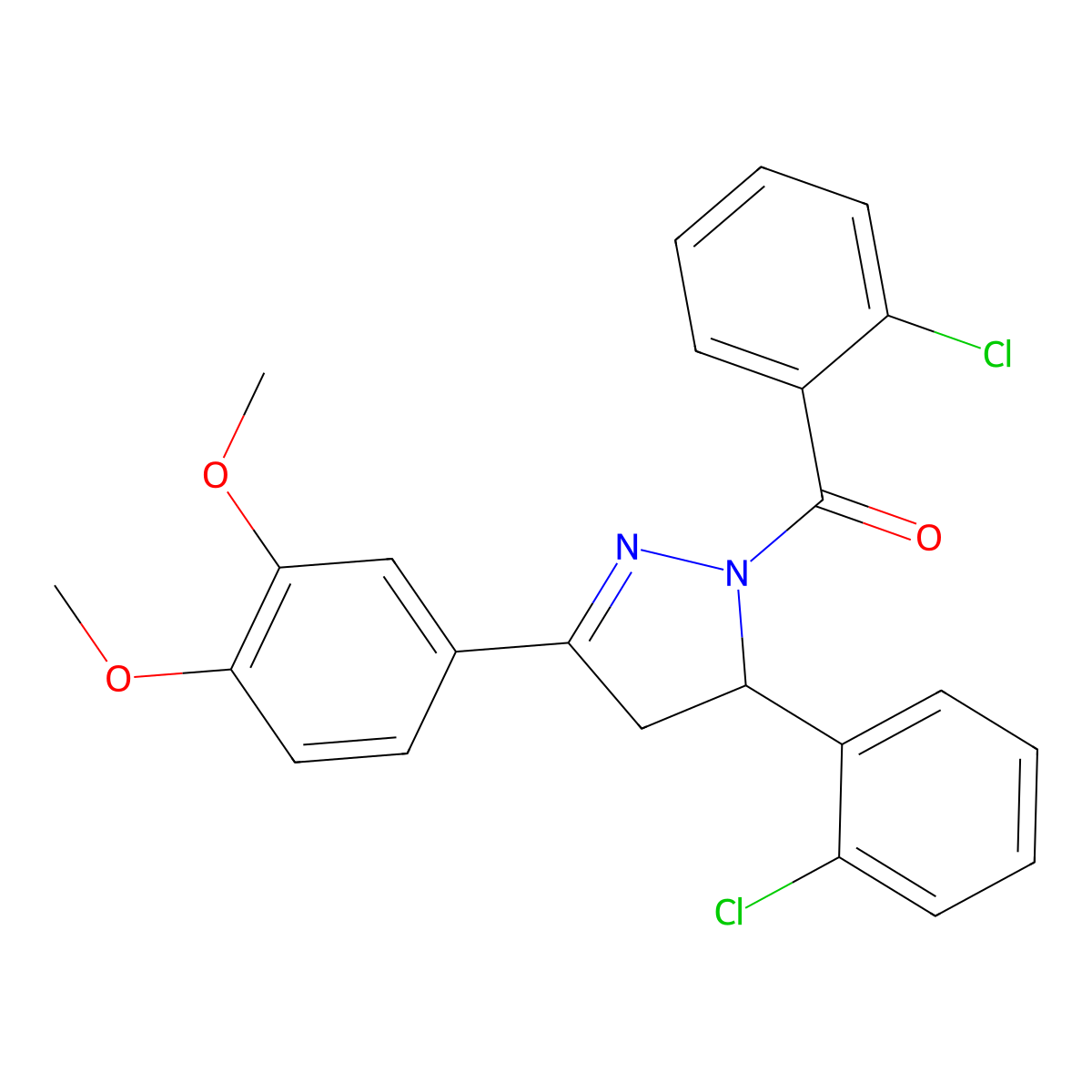 (2-Chlorophenyl)-[3-(2-chlorophenyl)-5-(3,4-dimethoxyphenyl)-3,4-dihydropyrazol-2-yl]methanone molecular structure, CAS 384797-06-2