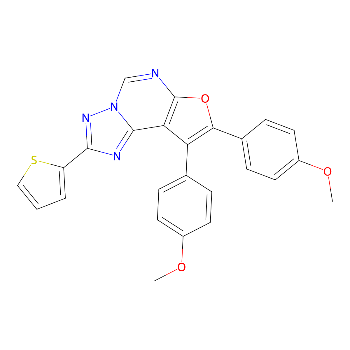 8,9-Bis(4-methoxyphenyl)-2-(thiophen-2-yl)furo[3,2-e][1,2,4]triazolo[1,5-c]pyrimidine molecular structure, CAS 384797-15-3