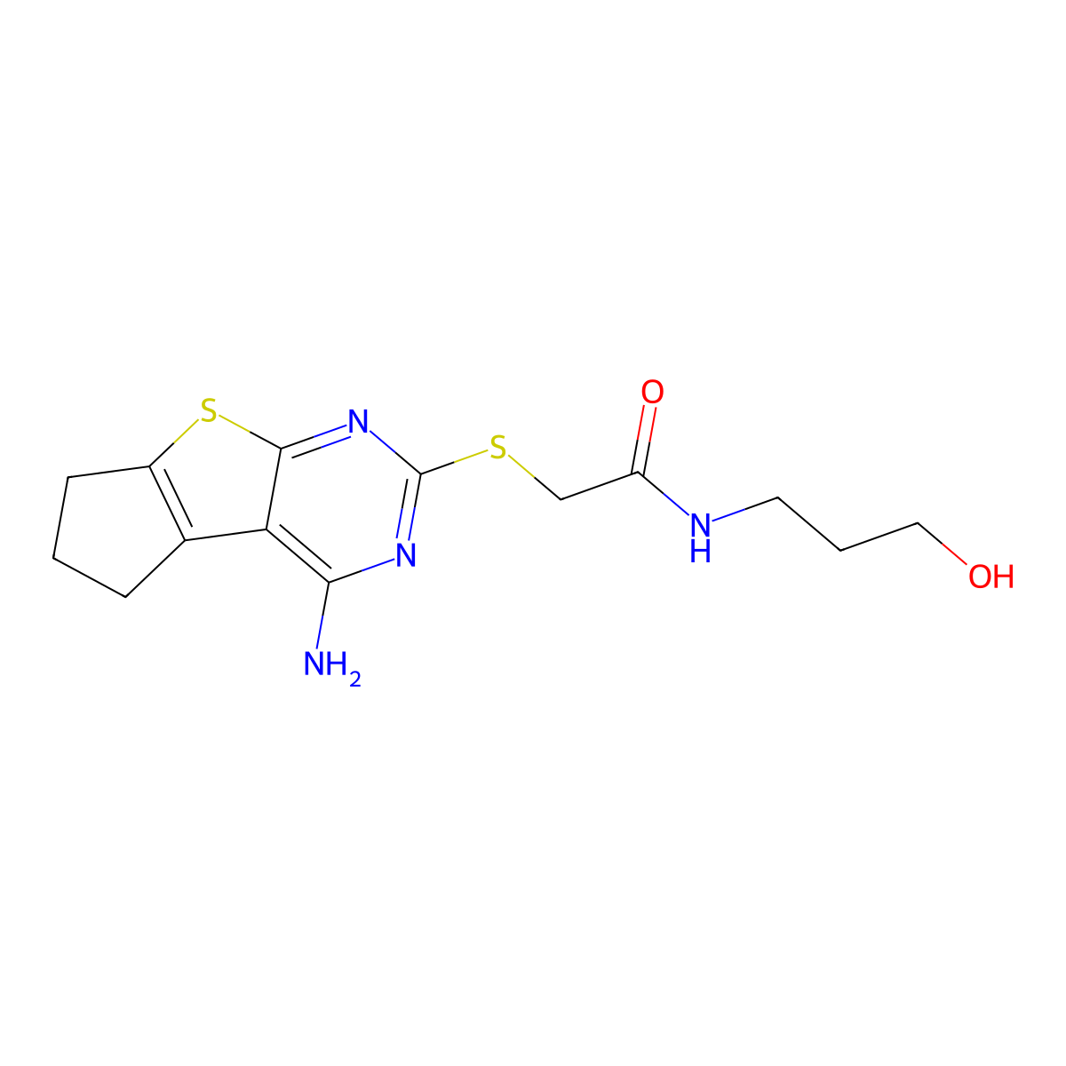 2-(4-amino(5,6,7-trihydrocyclopenta[1,2-d]pyrimidino[4,5-b]thiophen-2-ylthio))-N-(3-hydroxypropyl)acetamide molecular structure, CAS 384797-35-7