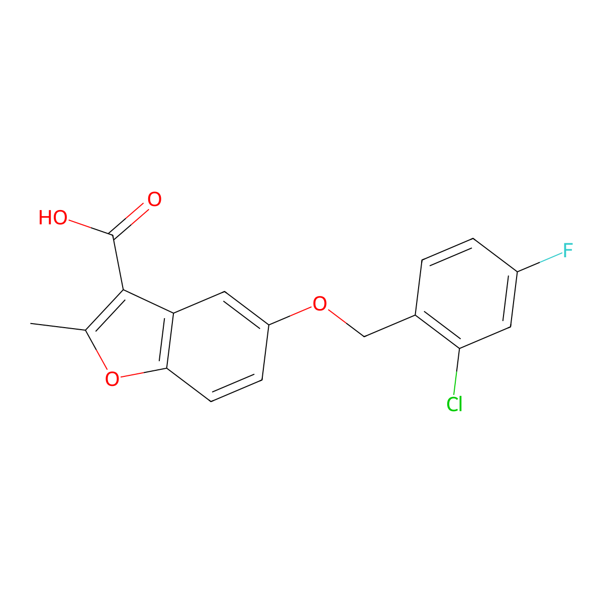 5-[(2-Chloro-4-fluorophenyl)methoxy]-2-methyl-1-benzofuran-3-carboxylic acid molecular structure, CAS 384797-46-0