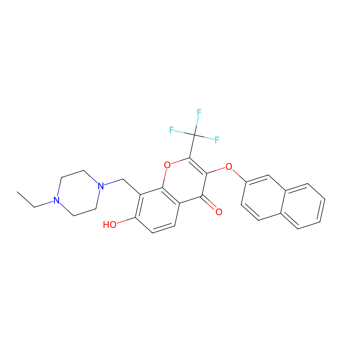 8-[(4-Ethylpiperazin-1-yl)methyl]-7-hydroxy-3-naphthalen-2-yloxy-2-(trifluoromethyl)chromen-4-one molecular structure, CAS 384797-51-7