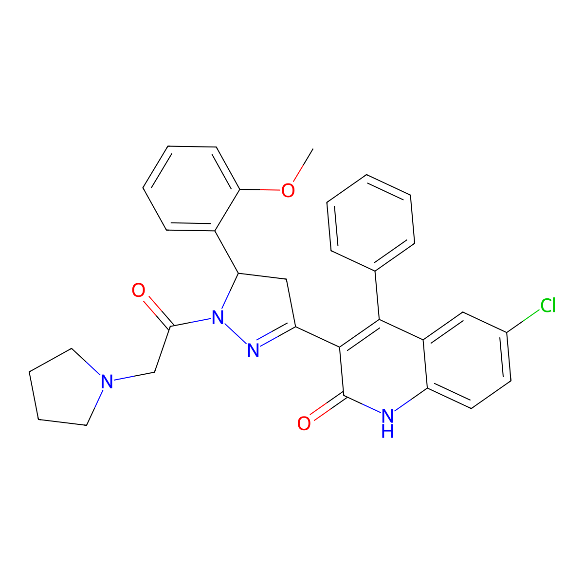 6-chloro-3-(5-(2-methoxyphenyl)-1-(2-(pyrrolidin-1-yl)acetyl)-4,5-dihydro-1H-pyrazol-3-yl)-4-phenylquinolin-2(1H)-one molecular structure, CAS 384797-56-2