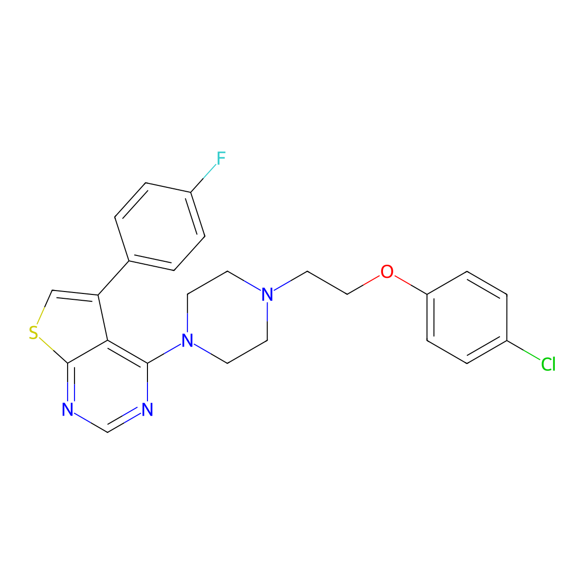 4-(4-(2-(4-Chlorophenoxy)ethyl)piperazin-1-yl)-5-(4-fluorophenyl)thieno[2,3-d]pyrimidine molecular structure, CAS 384797-72-2