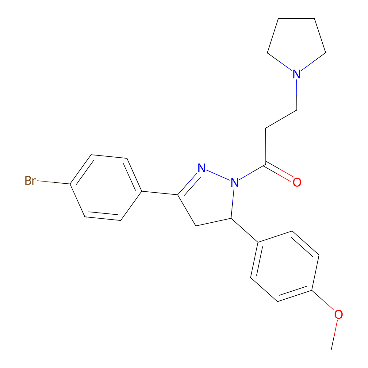 1-[3-(4-bromophenyl)-5-(4-methoxyphenyl)-4,5-dihydro-1H-pyrazol-1-yl]-3-(pyrrolidin-1-yl)propan-1-one molecular structure, CAS 384798-42-9