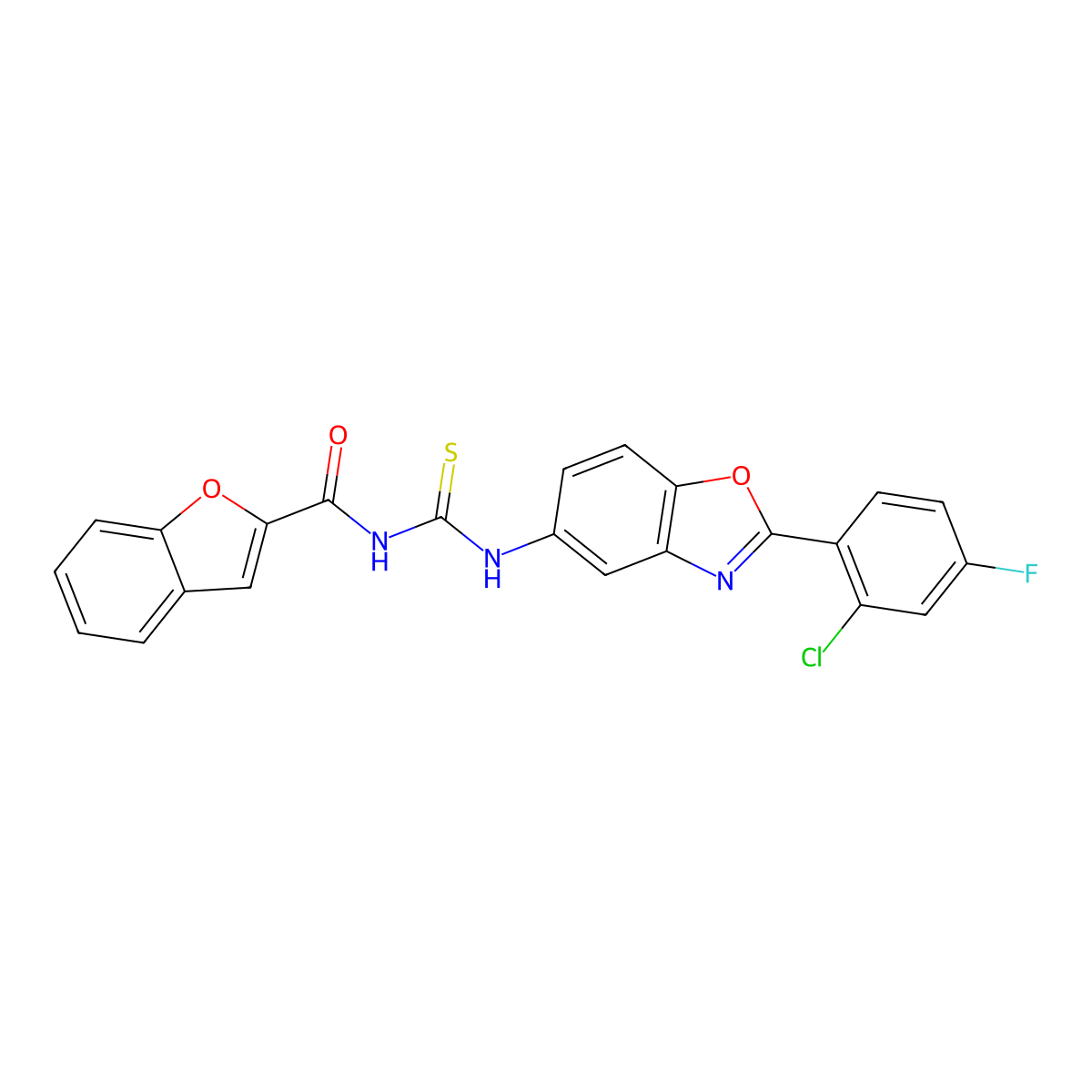 N-[[2-(2-chloro-4-fluorophenyl)-1,3-benzoxazol-5-yl]carbamothioyl]-1-benzofuran-2-carboxamide molecular structure, CAS 384798-51-0