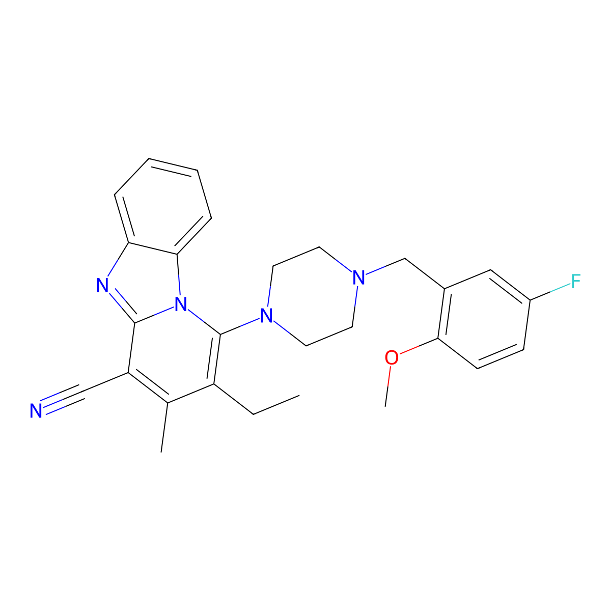 2-Ethyl-1-[4-(5-fluoro-2-methoxybenzyl)piperazin-1-yl]-3-methylpyrido[1,2-a]benzimidazole-4-carbonitrile molecular structure, CAS 384798-63-4
