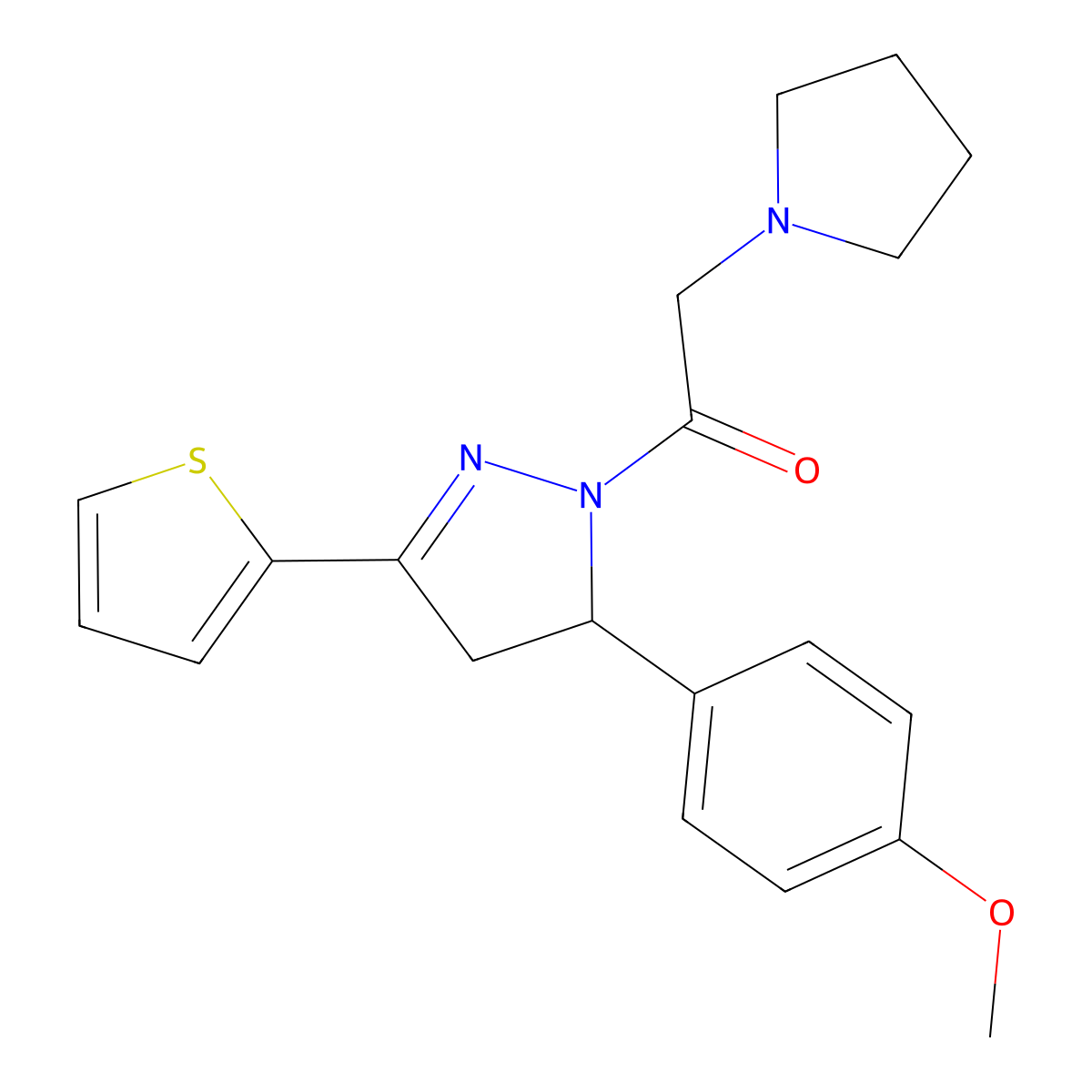 1-(5-(4-methoxyphenyl)-3-(thiophen-2-yl)-4,5-dihydro-1H-pyrazol-1-yl)-2-(pyrrolidin-1-yl)ethanone molecular structure, CAS 384798-73-6