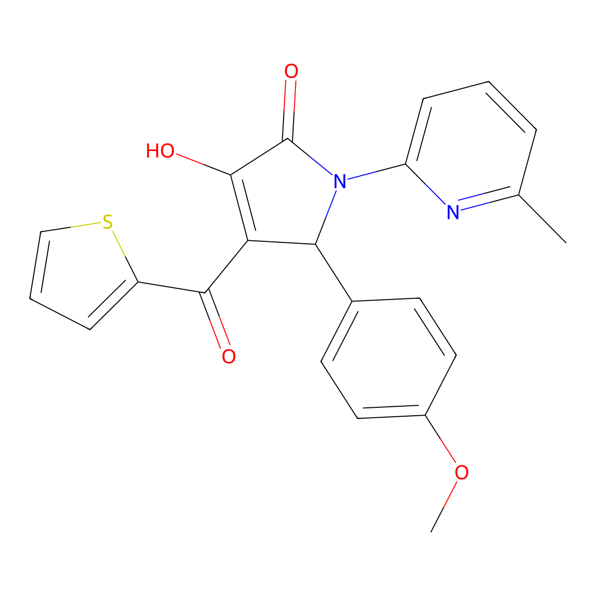 (E)-[2-(4-methoxyphenyl)-1-(6-methylpyridinium-2-yl)-4,5-dioxopyrrolidin-3-ylidene](thiophen-2-yl)methanolate molecular structure, CAS 384799-10-4