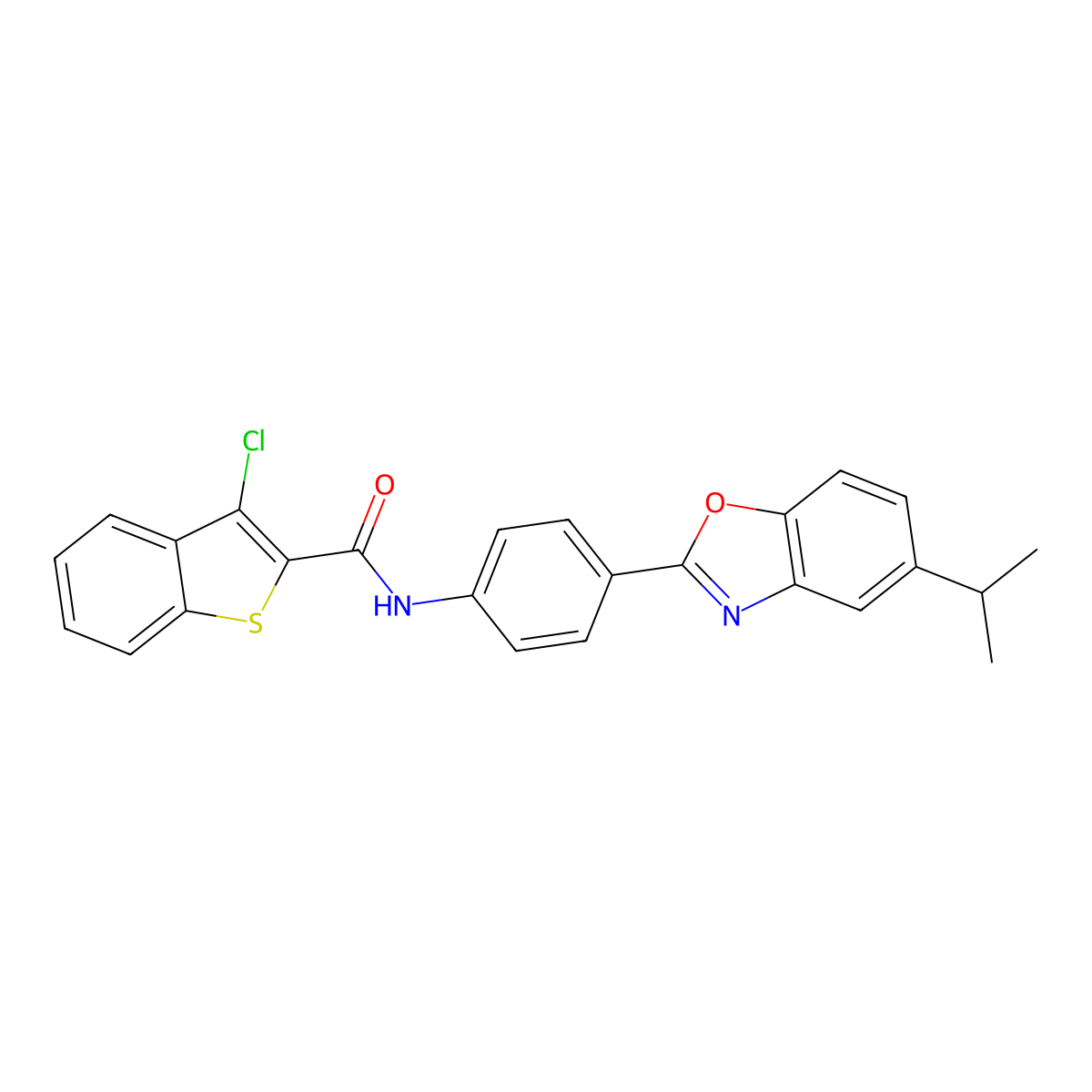 3-chloro-N-[4-(5-propan-2-yl-1,3-benzoxazol-2-yl)phenyl]-1-benzothiophene-2-carboxamide molecular structure, CAS 384799-25-1