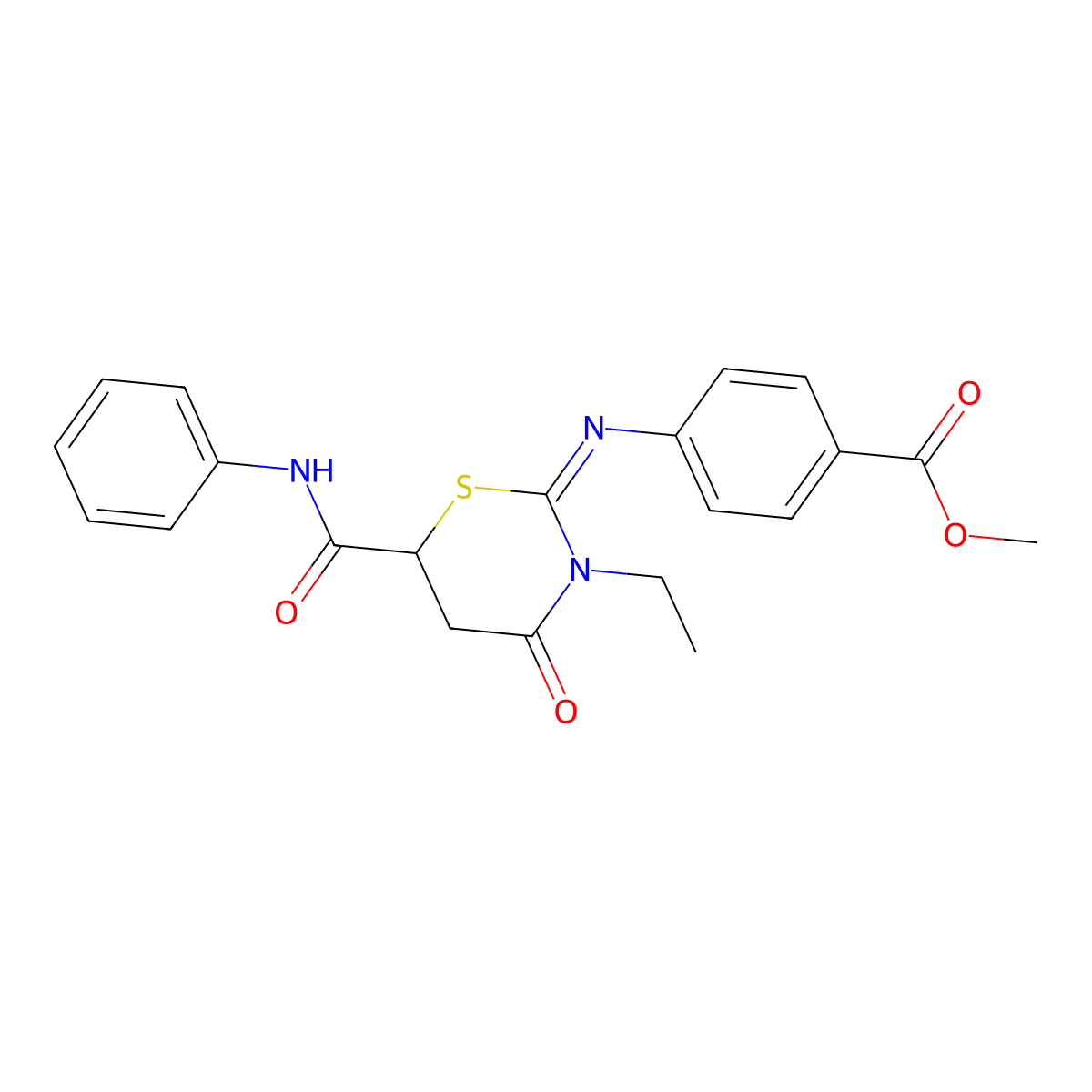 4-(3-Ethyl-4-oxo-6-phenylcarbamoyl-[1,3]thiazinan-2-ylideneamino)-benzoic acid methyl ester molecular structure, CAS 384799-76-2