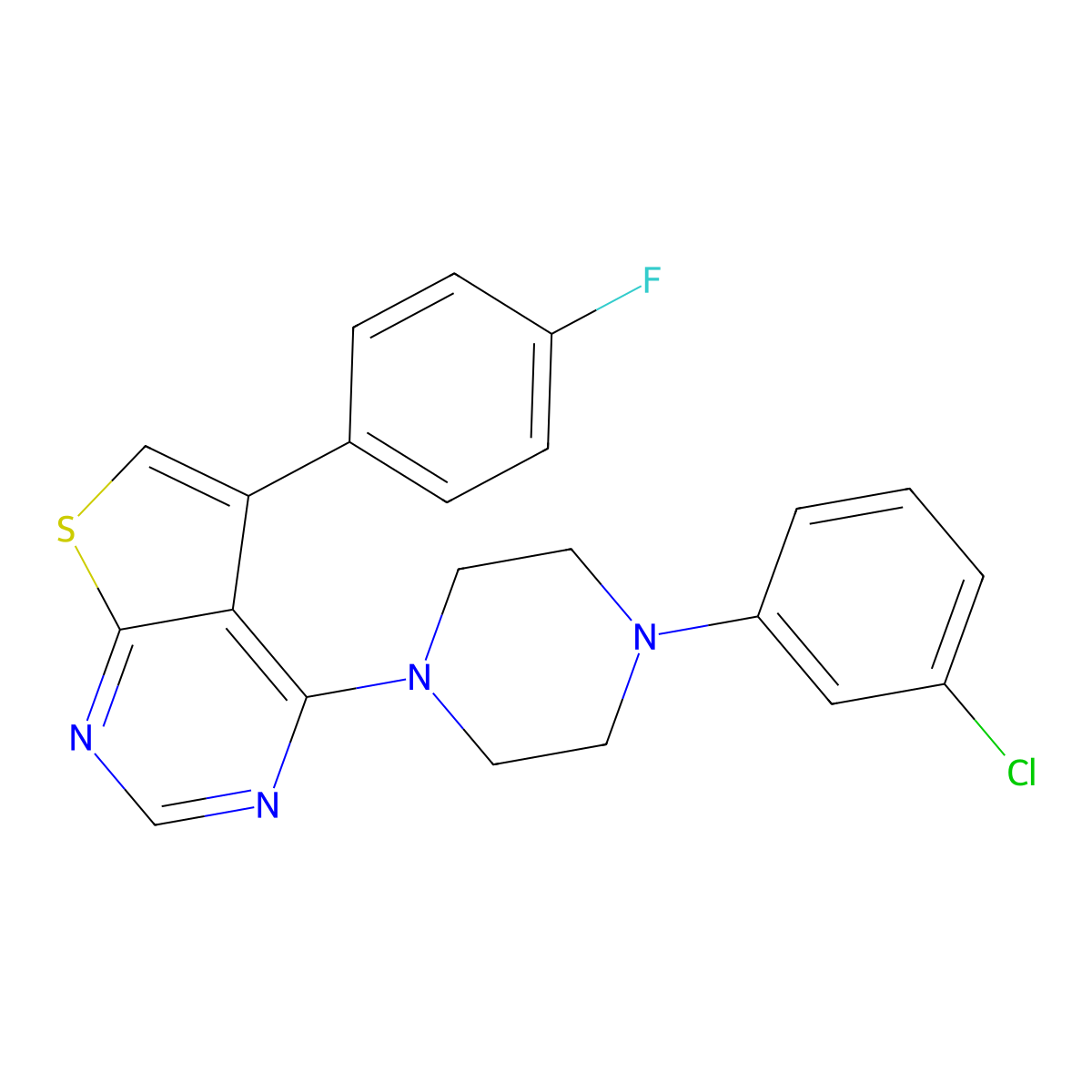 4-(4-(3-Chlorophenyl)piperazin-1-yl)-5-(4-fluorophenyl)thieno[2,3-d]pyrimidine molecular structure, CAS 384799-96-6