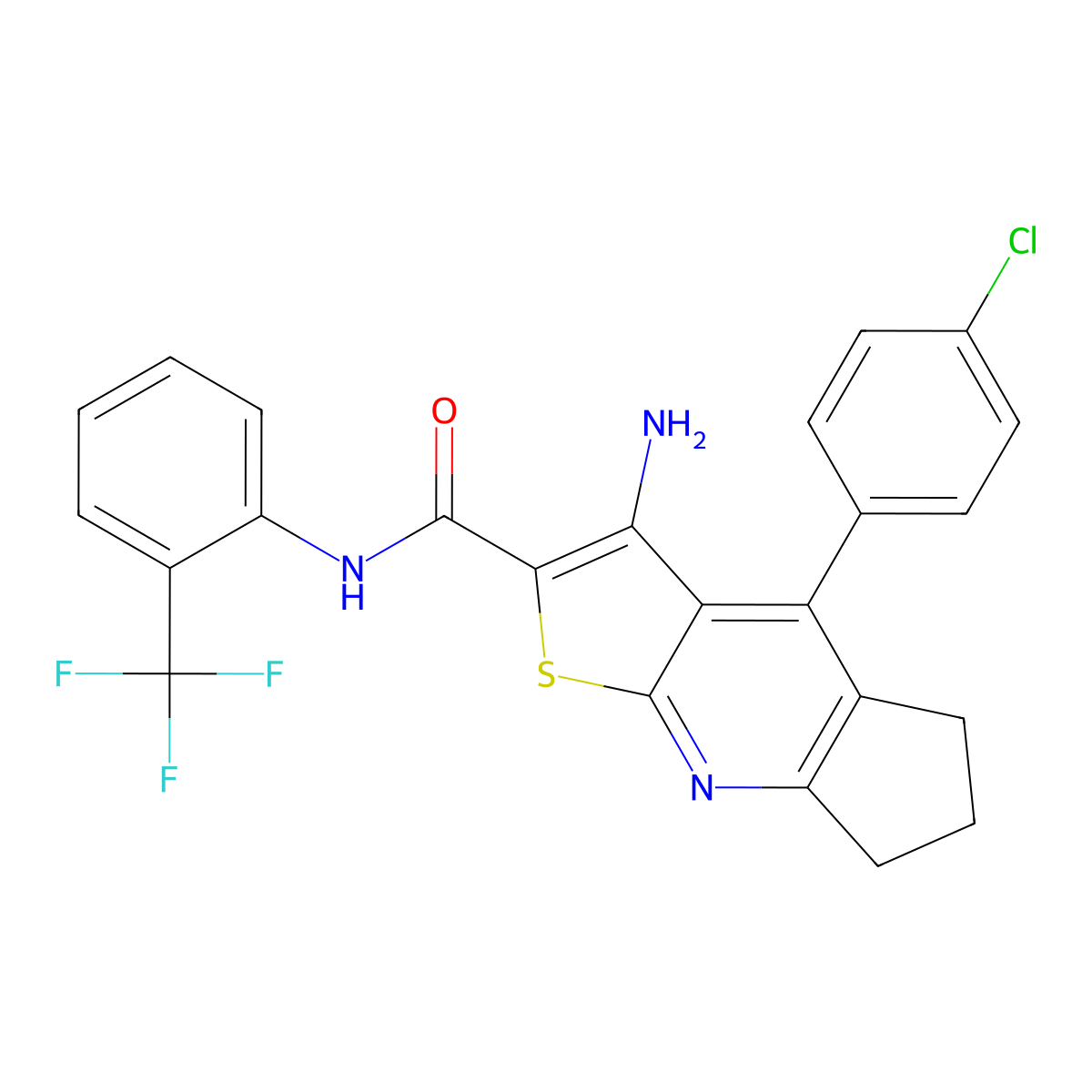 3-amino-4-(4-chlorophenyl)-N-(2-(trifluoromethyl)phenyl)-6,7-dihydro-5H-cyclopenta[b]thieno[3,2-e]pyridine-2-carboxamide molecular structure, CAS 384800-02-6