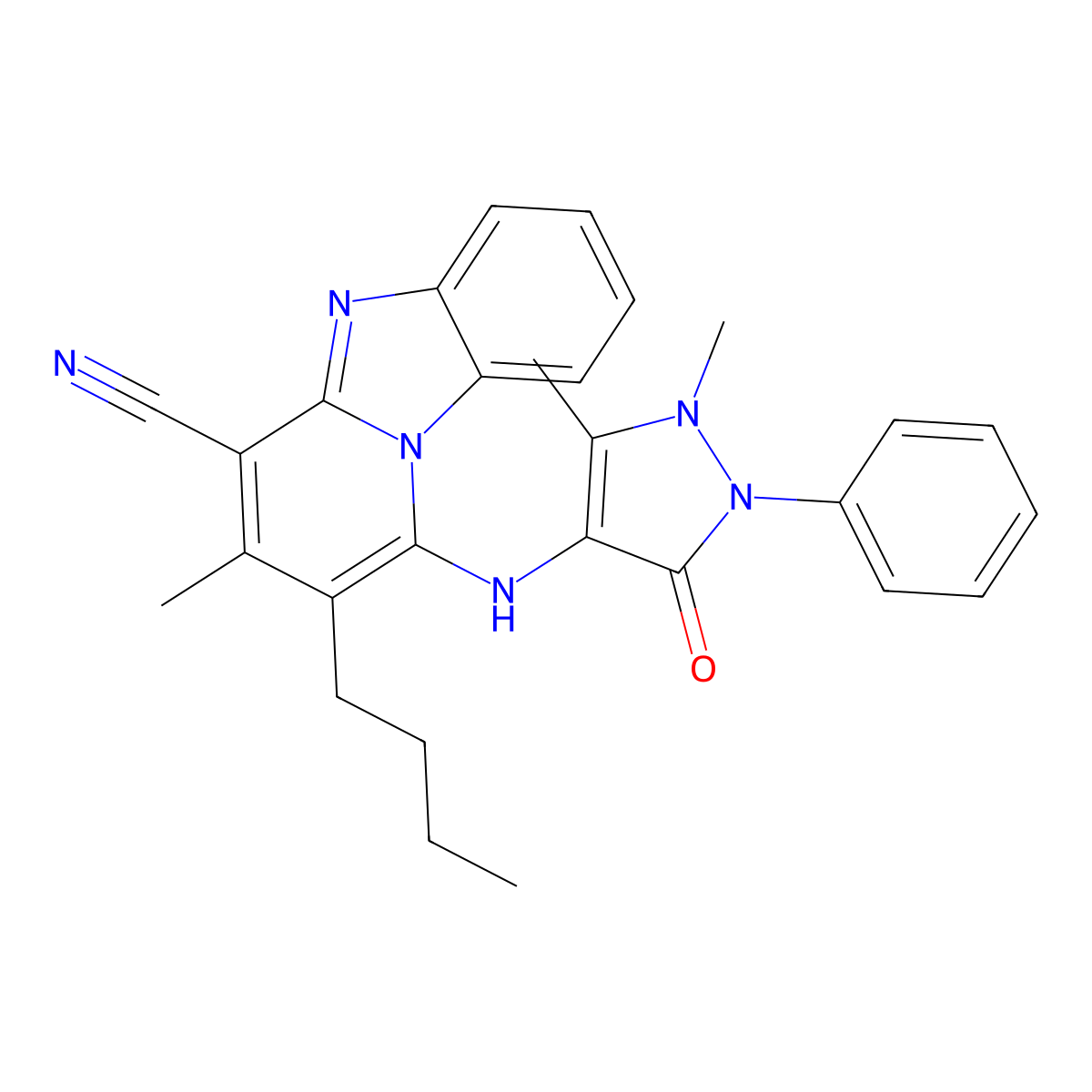 2-butyl-1-[(1,5-dimethyl-3-oxo-2-phenyl-2,3-dihydro-1H-pyrazol-4-yl)amino]-3-methylpyrido[1,2-a]benzimidazole-4-carbonitrile molecular structure, CAS 384800-97-9