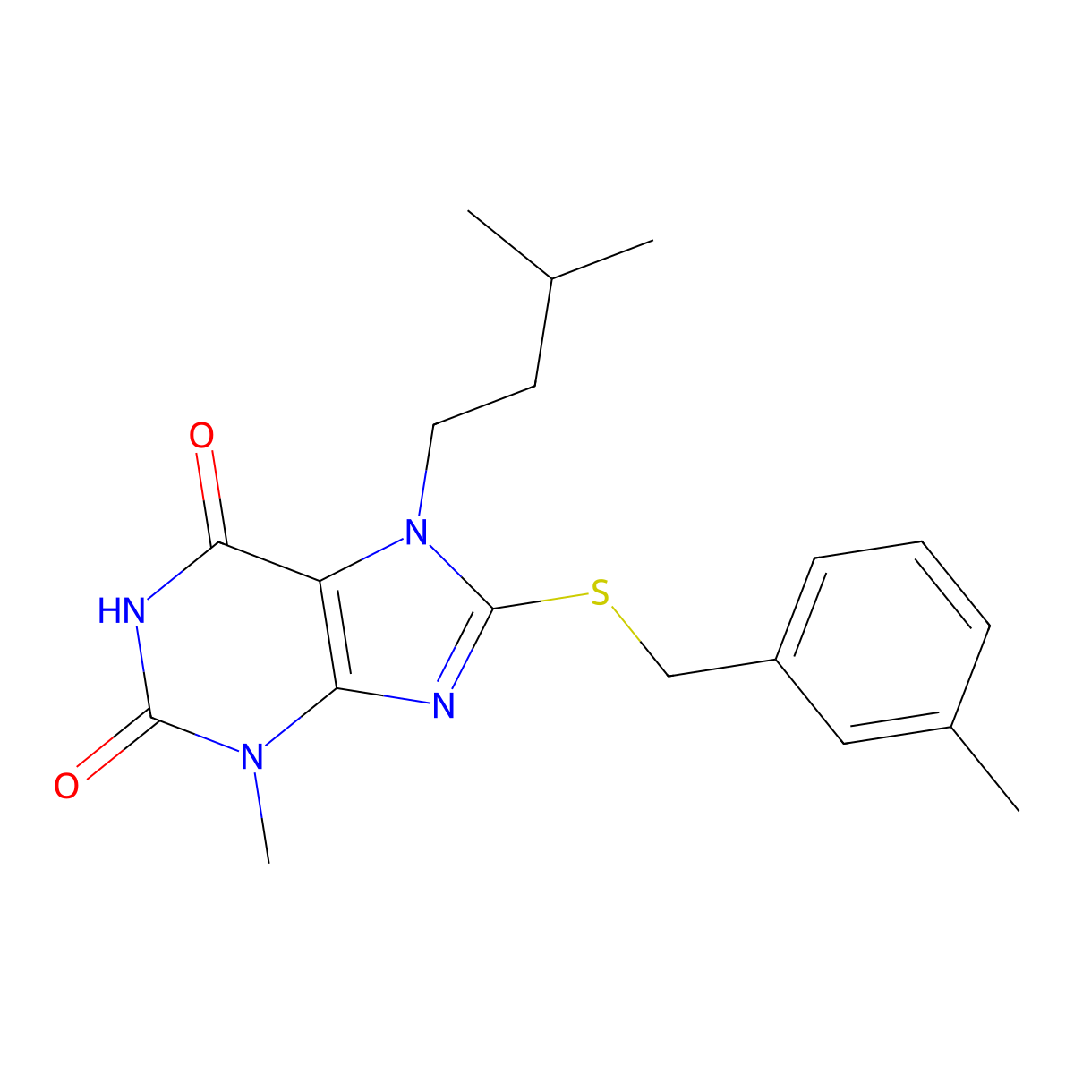 7-isopentyl-3-methyl-8-((3-methylbenzyl)thio)-1H-purine-2,6(3H,7H)-dione molecular structure, CAS 384801-04-1