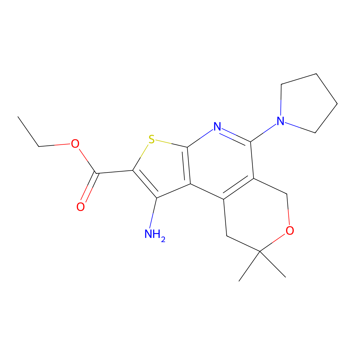 ethyl 1-amino-8,8-dimethyl-5-(1-pyrrolidinyl)-8,9-dihydro-6H-pyrano[4,3-d]thieno[2,3-b]pyridine-2-carboxylate molecular structure, CAS 384801-10-9