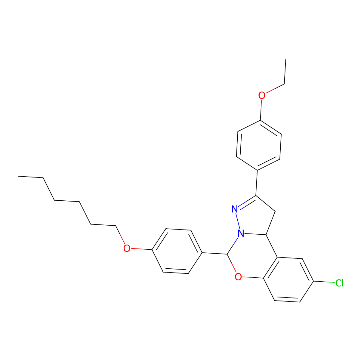 9-Chloro-2-(4-ethoxyphenyl)-5-[4-(hexyloxy)phenyl]-1,10b-dihydropyrazolo[1,5-c][1,3]benzoxazine molecular structure, CAS 384801-48-3