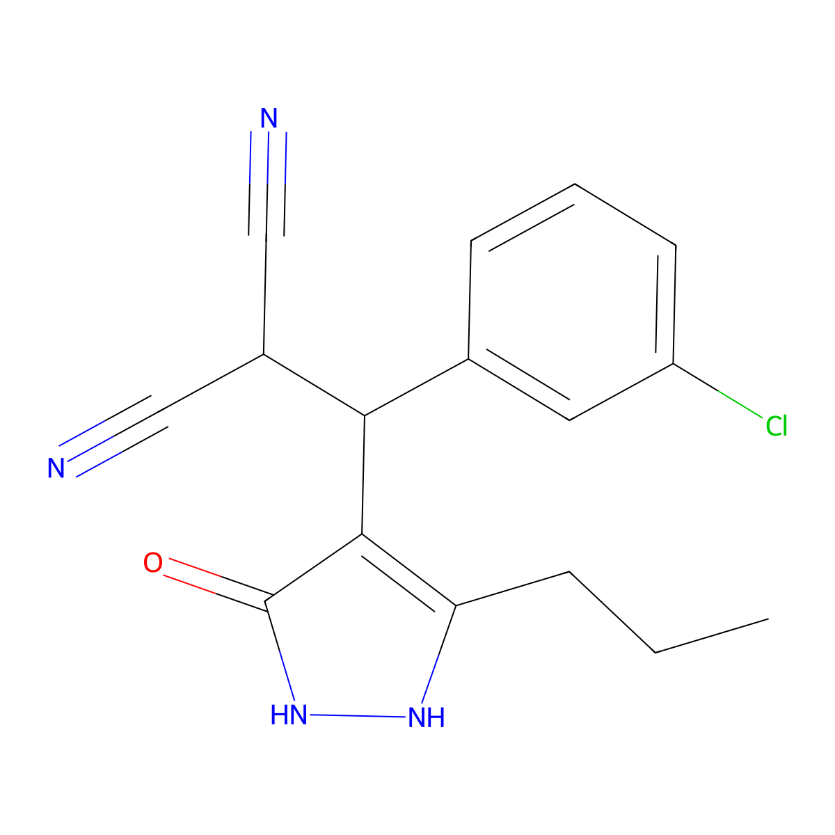 2-[(3-Chlorophenyl)-(3-oxo-5-propyl-1,2-dihydropyrazol-4-yl)methyl]propanedinitrile molecular structure, CAS 384801-49-4